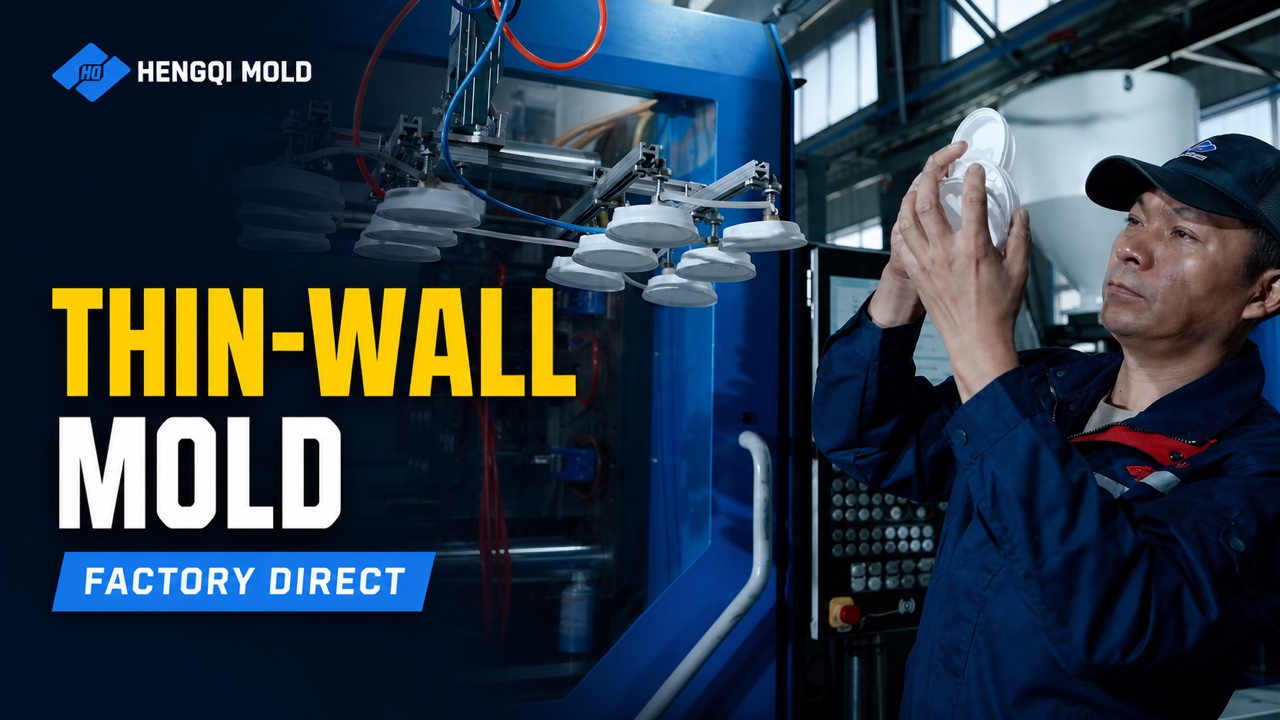 Hengqi Mold technician inspecting thin-wall moulded parts beside an injection moulding machine