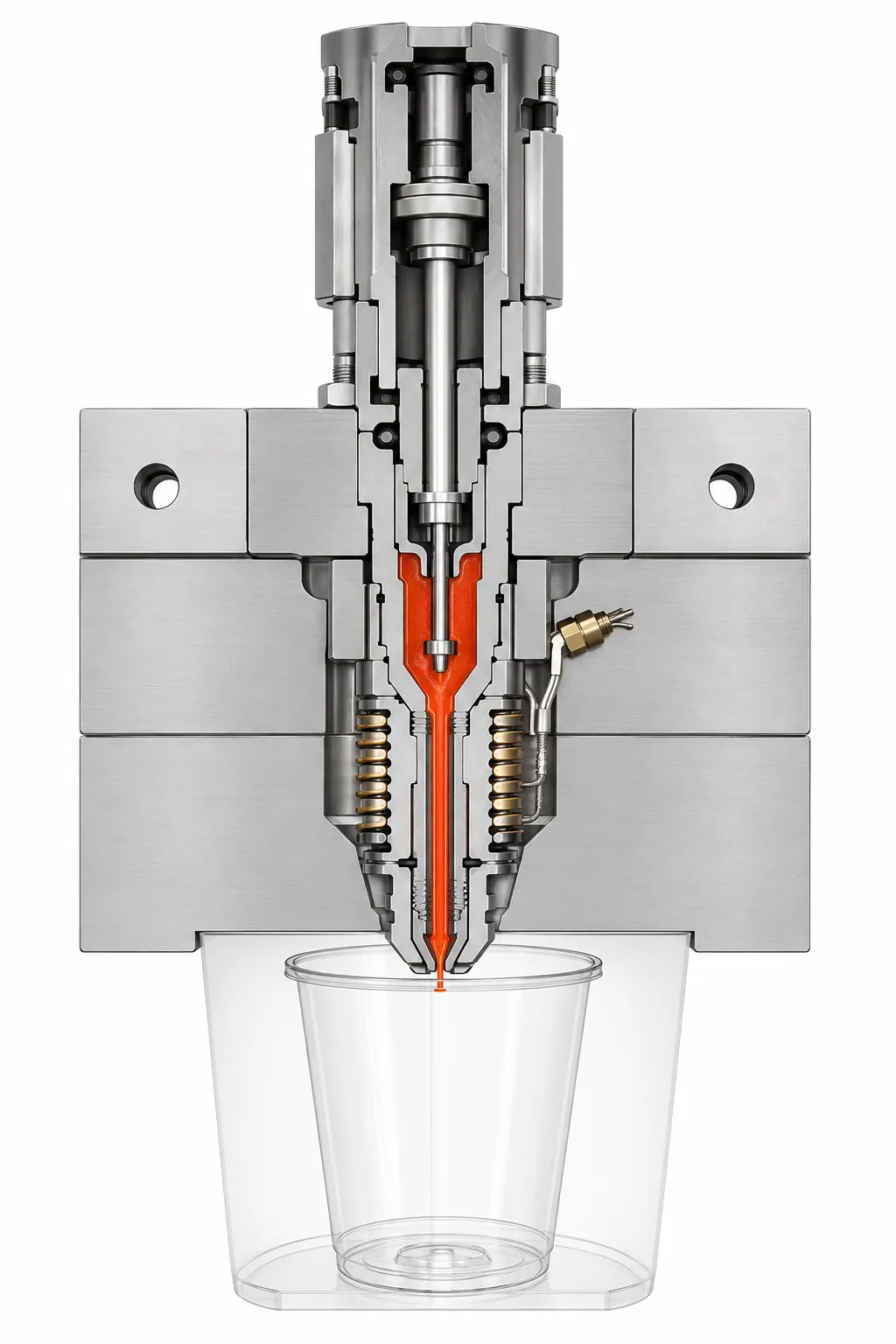 Valve-gated hot runner section for IML cheese box mould
